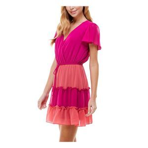 CITY STUDIO Womens Short Sleeve V Neck Short Fit + Flare Dress
